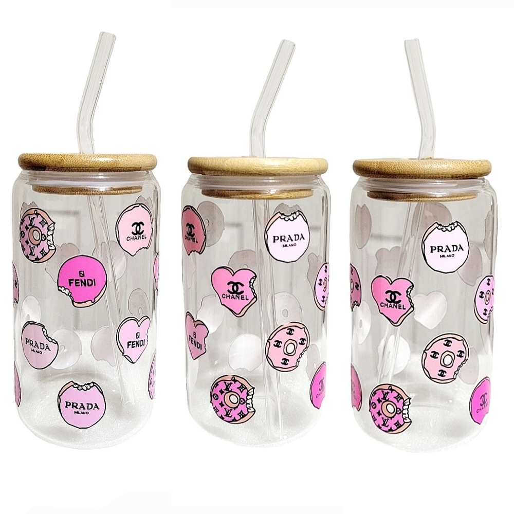 Fashion Glass Tumbler Iced Coffee Cup 16oz Pink Doughnuts Bamboo Lid